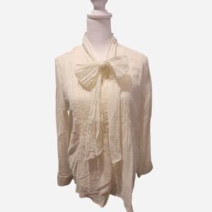 Cream She + Sky blouse with bodice pleating and attached scarf blouse